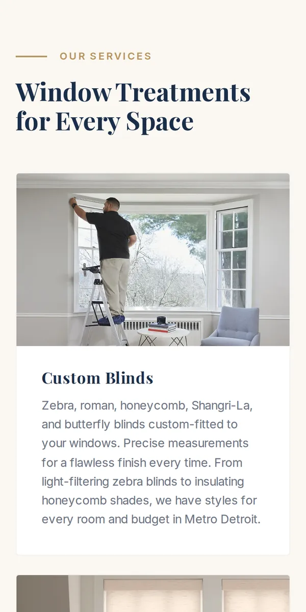 Detroit Blinds Co. services section on mobile